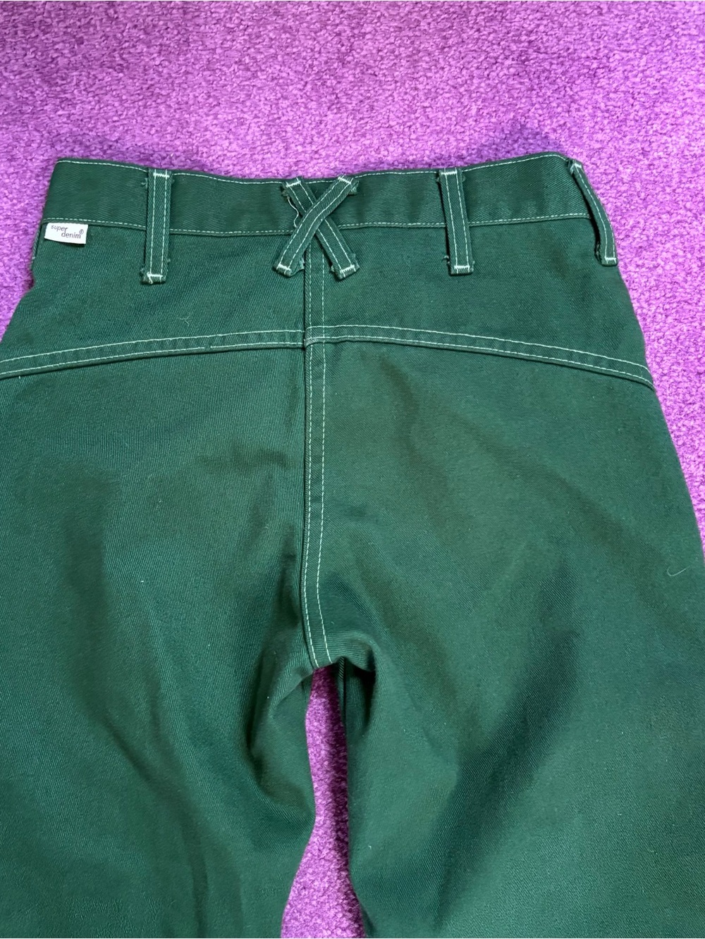 Green Super Denim Flare Jeans White Stitch 70s Hippie Style - Picture 4 of 8